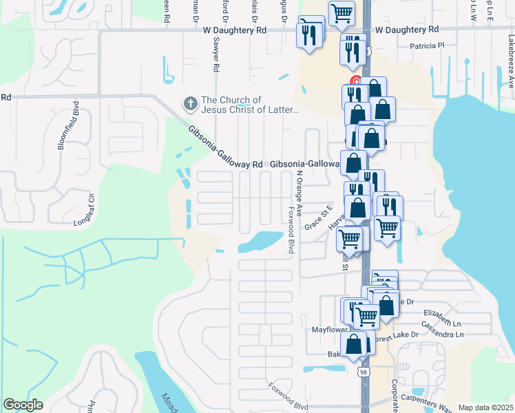 map of restaurants, bars, coffee shops, grocery stores, and more near 6882 Deerwood Drive in Lakeland