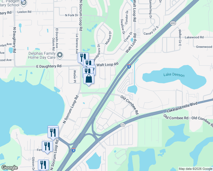 map of restaurants, bars, coffee shops, grocery stores, and more near 5331 River Rock Road in Lakeland