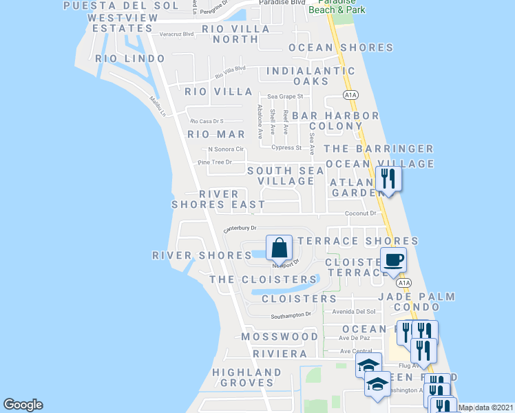 map of restaurants, bars, coffee shops, grocery stores, and more near 2015 Date Palm Avenue in Indialantic