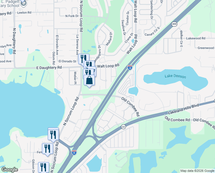map of restaurants, bars, coffee shops, grocery stores, and more near 5350 Quarry Rock Road in Lakeland