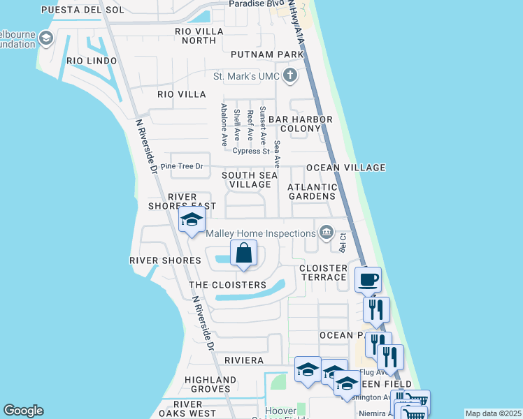 map of restaurants, bars, coffee shops, grocery stores, and more near 381 Sea Horse Avenue in Indialantic