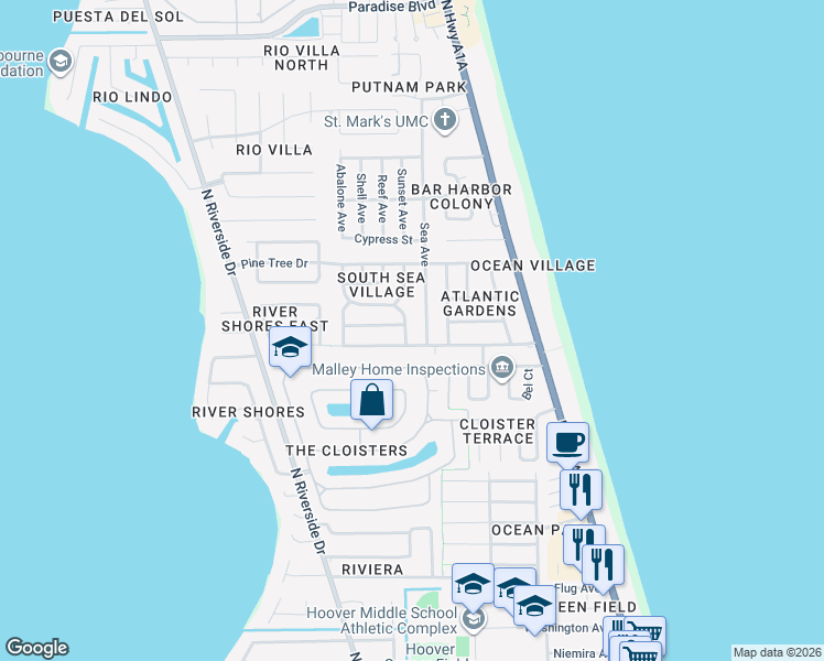map of restaurants, bars, coffee shops, grocery stores, and more near 381 Sea Horse Avenue in Indialantic