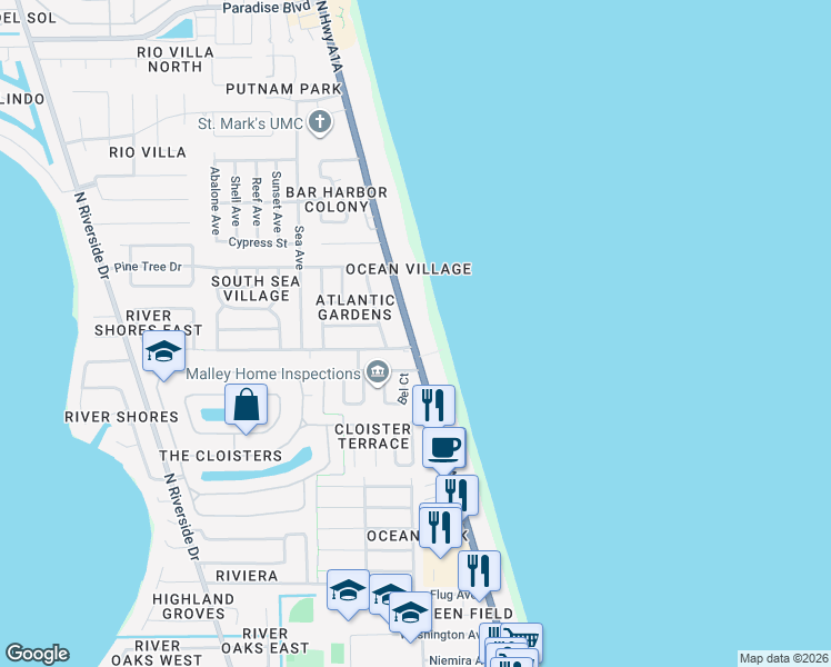 map of restaurants, bars, coffee shops, grocery stores, and more near 1665 Florida A1A in Indialantic