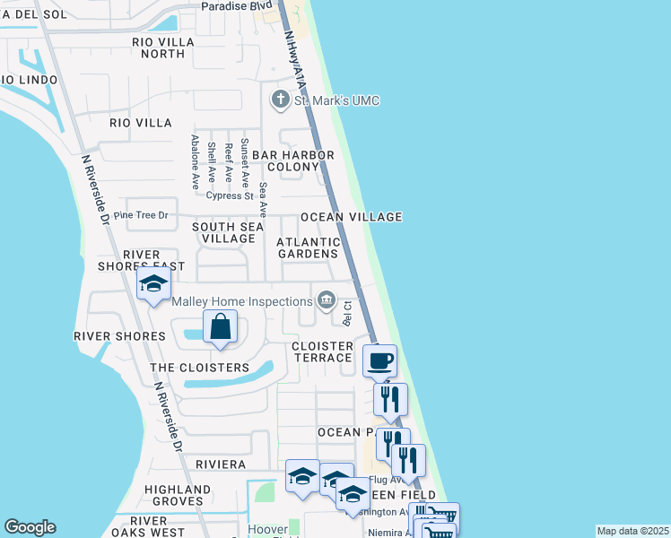 map of restaurants, bars, coffee shops, grocery stores, and more near 2020 Neptune Road in Indialantic