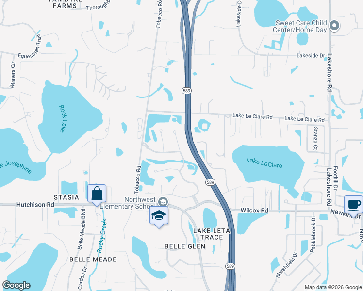 map of restaurants, bars, coffee shops, grocery stores, and more near 16703 Whispering Glen Drive in Lutz