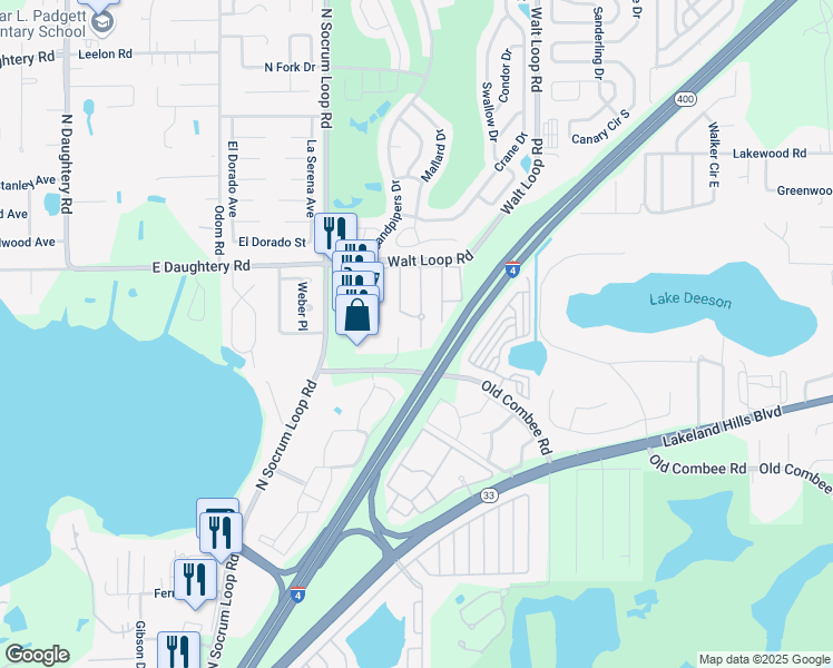 map of restaurants, bars, coffee shops, grocery stores, and more near 5432 River Rock Road in Lakeland