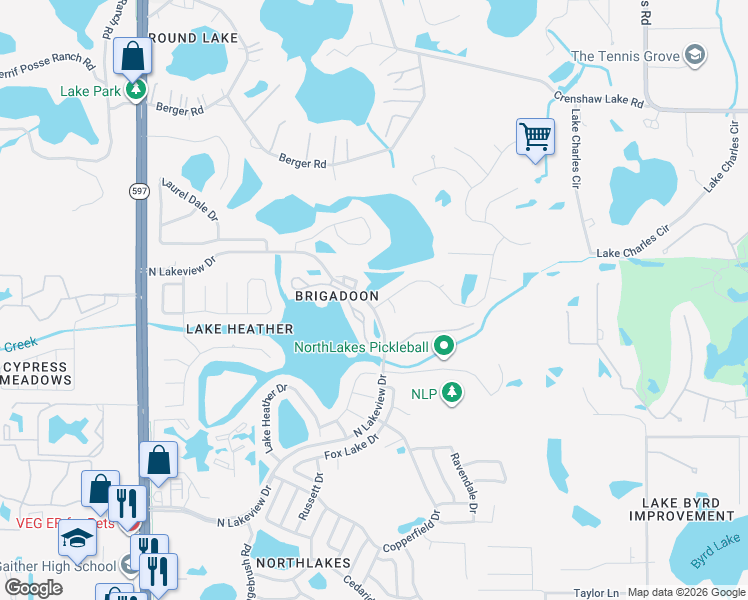 map of restaurants, bars, coffee shops, grocery stores, and more near 16602 Vallely Drive in Lake Magdalene