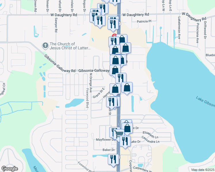 map of restaurants, bars, coffee shops, grocery stores, and more near 5309 Grace Street East in Lakeland