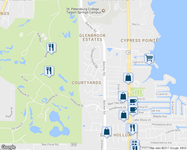 map of restaurants, bars, coffee shops, grocery stores, and more near 2181 Trevor Road in Palm Harbor