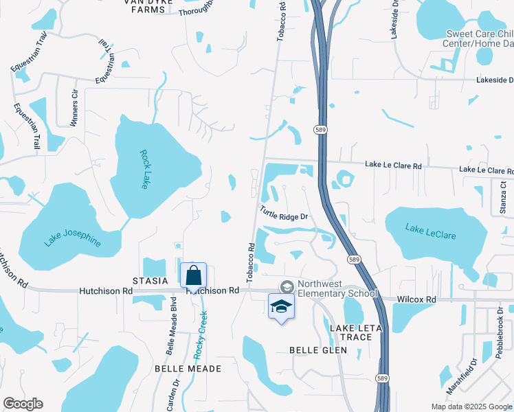 map of restaurants, bars, coffee shops, grocery stores, and more near 17410 Tobacco Road in Lutz