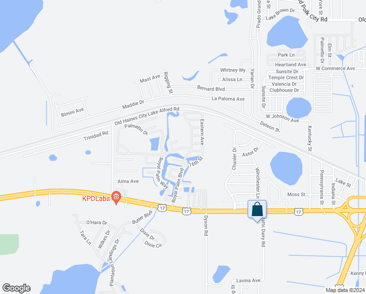 map of restaurants, bars, coffee shops, grocery stores, and more near 527 Palmetto Drive in Haines City