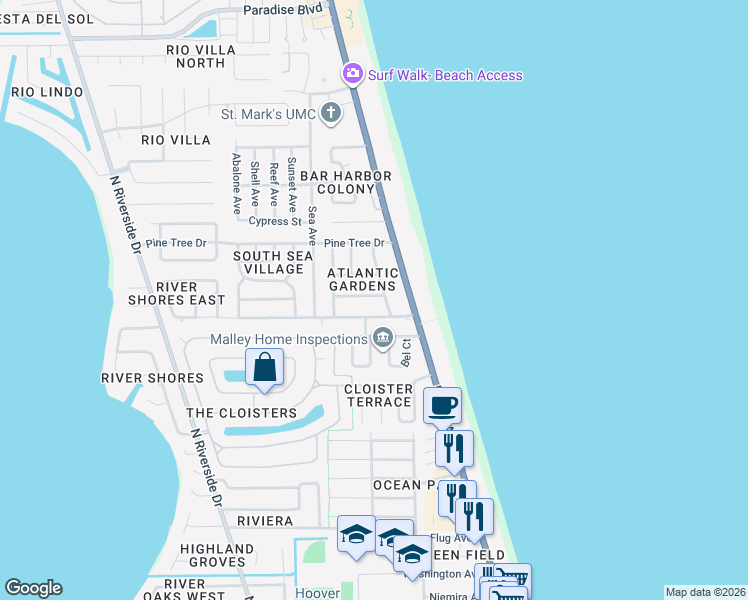 map of restaurants, bars, coffee shops, grocery stores, and more near 221 Fay Drive in Indialantic