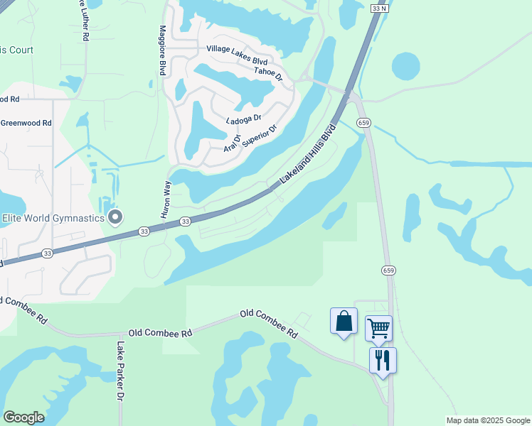 map of restaurants, bars, coffee shops, grocery stores, and more near 5593-5709 Lakeland Hills Boulevard in Lakeland