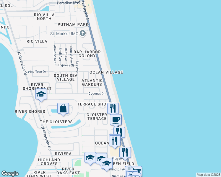 map of restaurants, bars, coffee shops, grocery stores, and more near 1665 Florida A1A in Indialantic