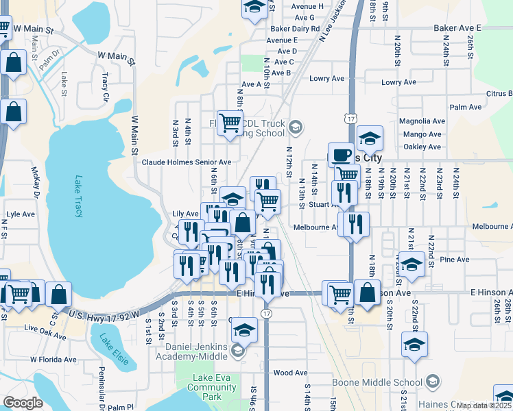 map of restaurants, bars, coffee shops, grocery stores, and more near 902 Lily Avenue in Haines City