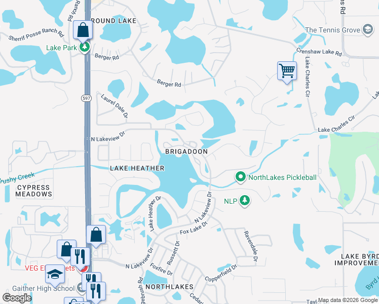 map of restaurants, bars, coffee shops, grocery stores, and more near 16596 Brigadoon Drive in Tampa