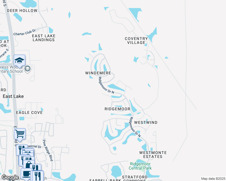 map of restaurants, bars, coffee shops, grocery stores, and more near 4149 Ridgemoor Drive North in Palm Harbor