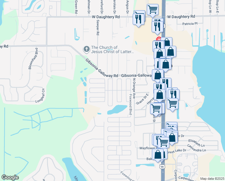 map of restaurants, bars, coffee shops, grocery stores, and more near 6882 Deerwood Drive in Lakeland