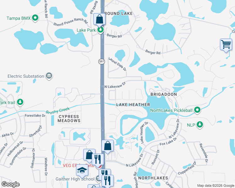 map of restaurants, bars, coffee shops, grocery stores, and more near 16605 Round Oak Drive in Tampa