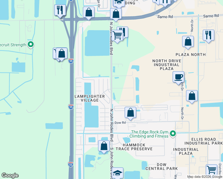 map of restaurants, bars, coffee shops, grocery stores, and more near 499 N John Rodes Blvd in Melbourne
