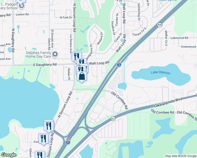 map of restaurants, bars, coffee shops, grocery stores, and more near 5350 Quarry Rock Road in Lakeland