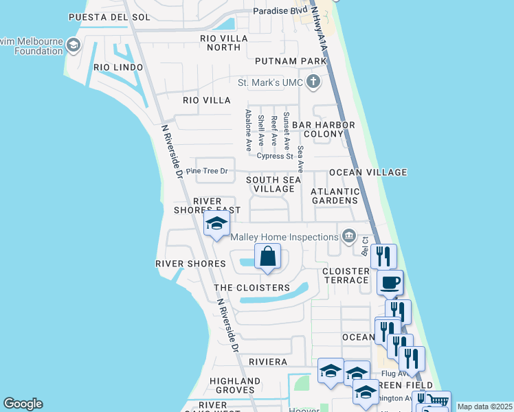 map of restaurants, bars, coffee shops, grocery stores, and more near 451 Sea Horse Avenue in Indialantic