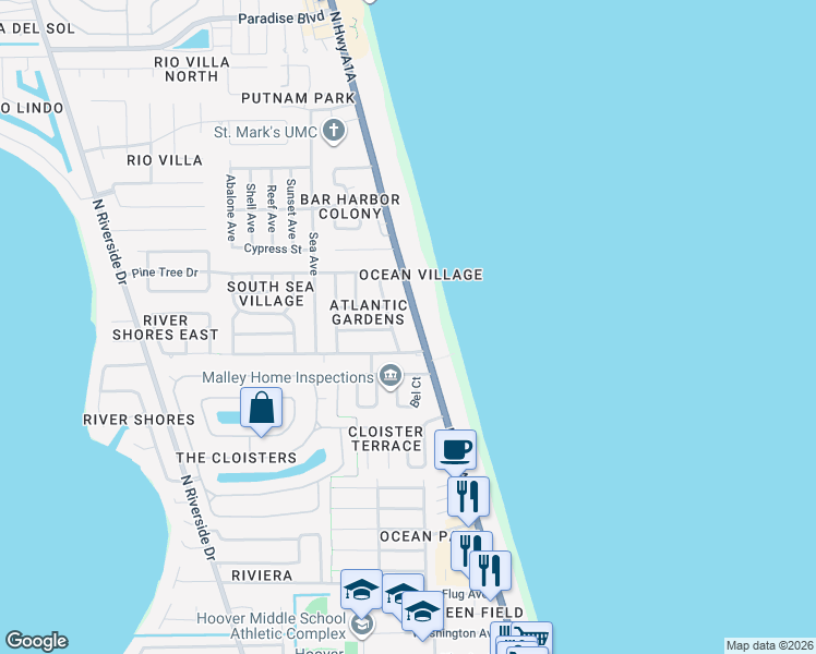 map of restaurants, bars, coffee shops, grocery stores, and more near 2020 Neptune Road in Indialantic