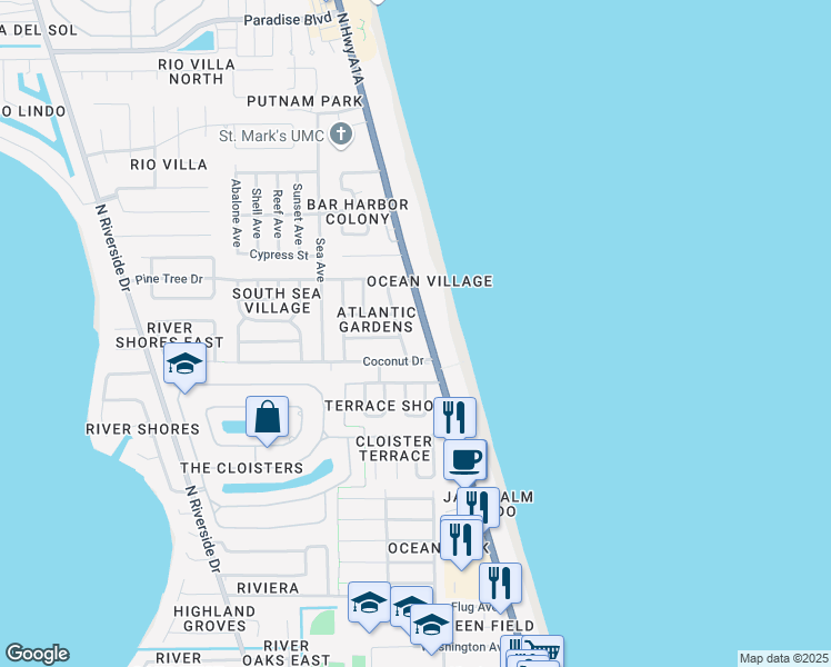 map of restaurants, bars, coffee shops, grocery stores, and more near 2020 Neptune Road in Indialantic