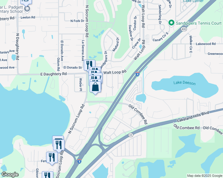 map of restaurants, bars, coffee shops, grocery stores, and more near 5364 River Rock Road in Lakeland