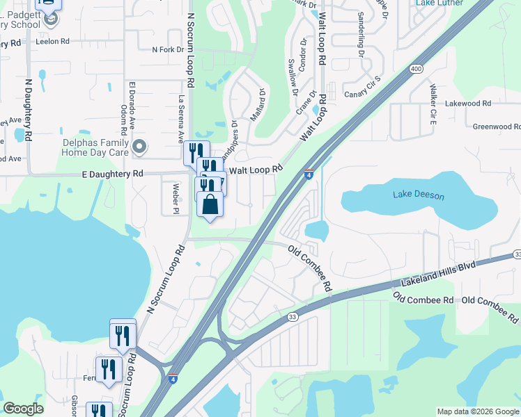 map of restaurants, bars, coffee shops, grocery stores, and more near 5350 Quarry Rock Road in Lakeland