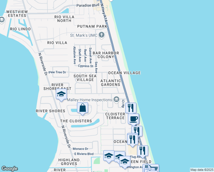 map of restaurants, bars, coffee shops, grocery stores, and more near 262 Fay Drive in Indialantic