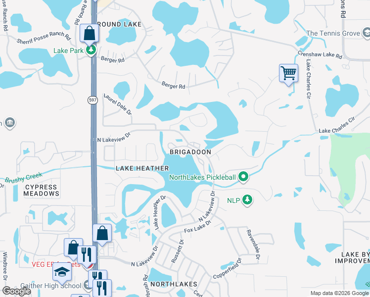 map of restaurants, bars, coffee shops, grocery stores, and more near 16620 Brigadoon Drive in Tampa