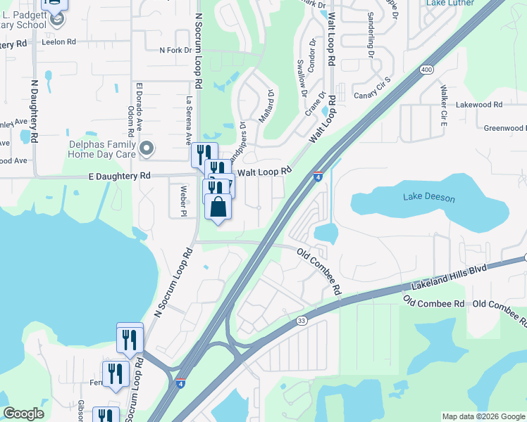 map of restaurants, bars, coffee shops, grocery stores, and more near 5350 Quarry Rock Road in Lakeland
