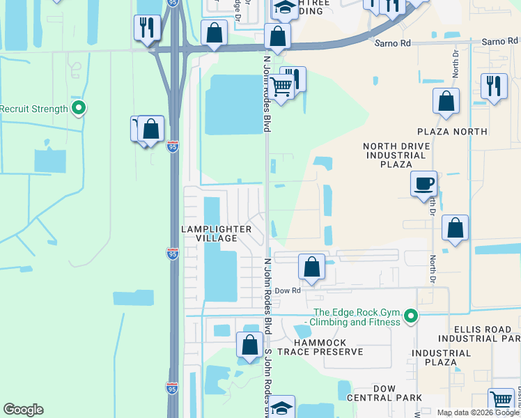 map of restaurants, bars, coffee shops, grocery stores, and more near 479-499 North John Rodes Boulevard in Melbourne