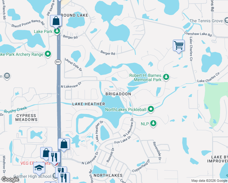 map of restaurants, bars, coffee shops, grocery stores, and more near 16596 Brigadoon Drive in Tampa