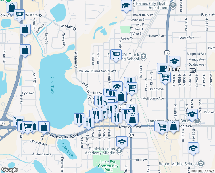 map of restaurants, bars, coffee shops, grocery stores, and more near 309 North 5th Street in Haines City