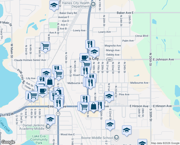 map of restaurants, bars, coffee shops, grocery stores, and more near 301 U.S. Highway 17-92 West in Haines City