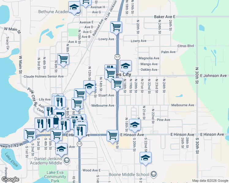 map of restaurants, bars, coffee shops, grocery stores, and more near 308 U.S. 17 in Haines City