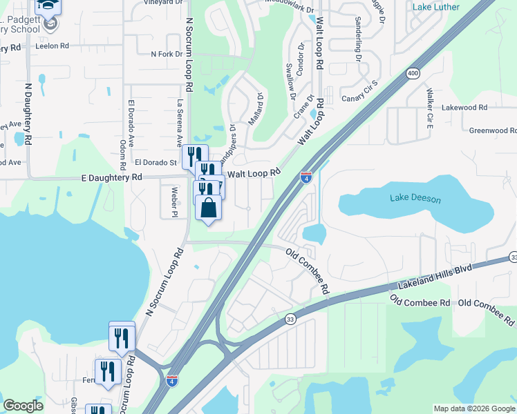 map of restaurants, bars, coffee shops, grocery stores, and more near 5350 Quarry Rock Road in Lakeland