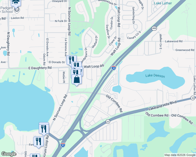 map of restaurants, bars, coffee shops, grocery stores, and more near 5350 Quarry Rock Road in Lakeland