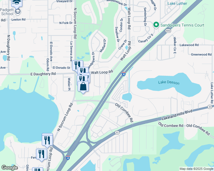 map of restaurants, bars, coffee shops, grocery stores, and more near 5375 Quarry Rock Road in Lakeland