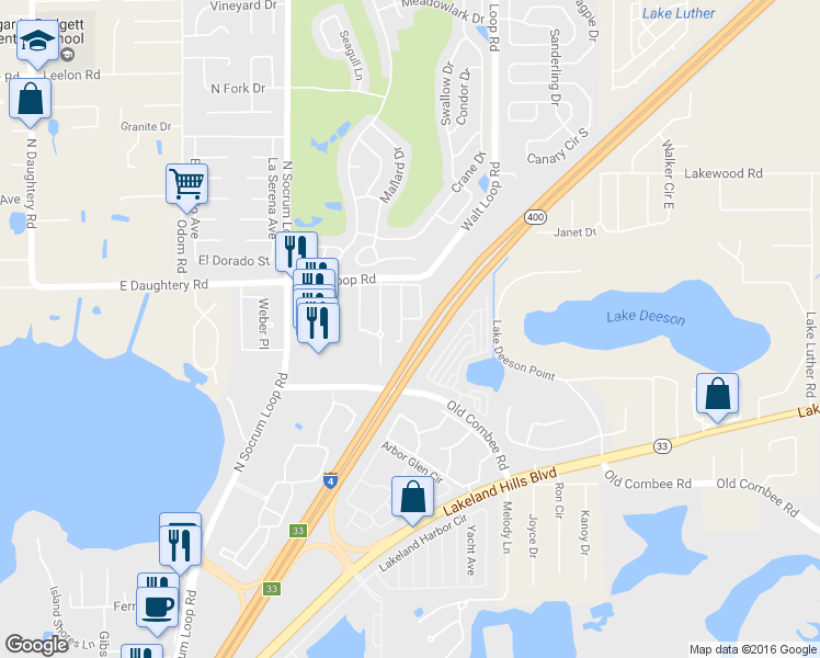 map of restaurants, bars, coffee shops, grocery stores, and more near 5375 Quarry Rock Road in Lakeland