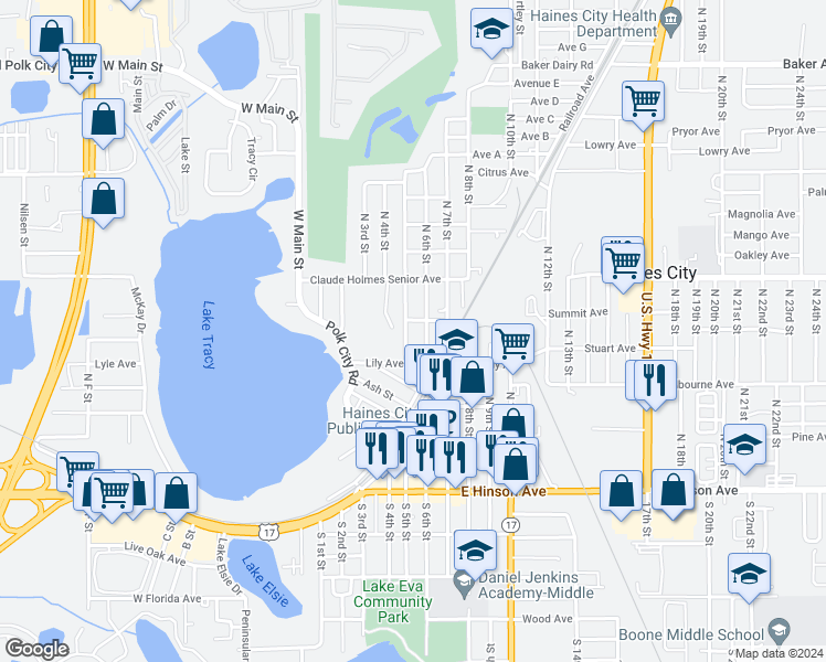 map of restaurants, bars, coffee shops, grocery stores, and more near 325 North 5th Street in Haines City