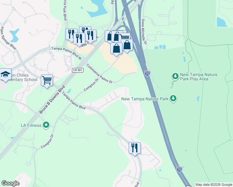 map of restaurants, bars, coffee shops, grocery stores, and more near 16311 Parkstone Palms Court in Tampa