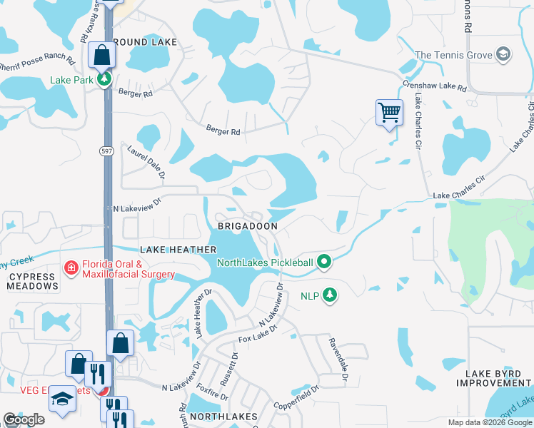 map of restaurants, bars, coffee shops, grocery stores, and more near 16513 Lake Brigadoon Circle in Tampa
