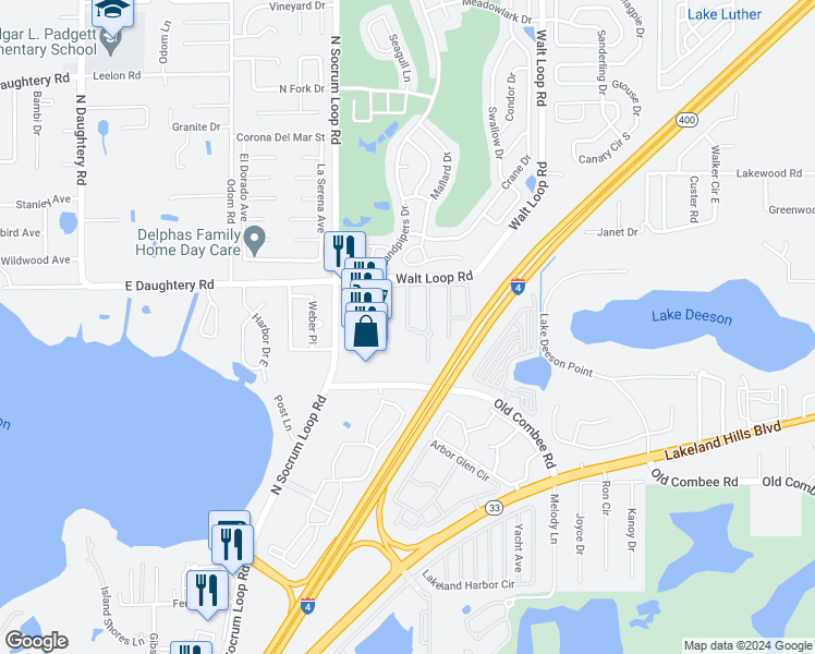 map of restaurants, bars, coffee shops, grocery stores, and more near 5404 Limestone Lane in Lakeland