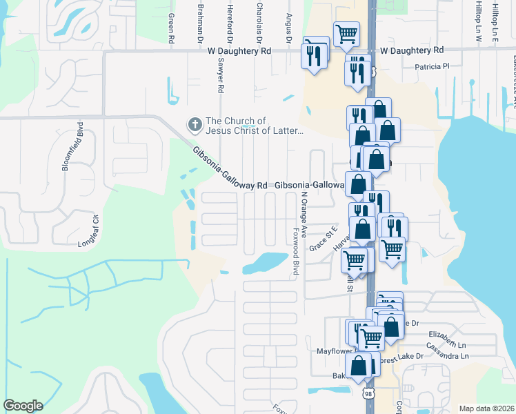 map of restaurants, bars, coffee shops, grocery stores, and more near 6882 Deerwood Drive in Lakeland