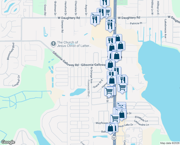 map of restaurants, bars, coffee shops, grocery stores, and more near 5031 Fox Cliff Drive in Lakeland
