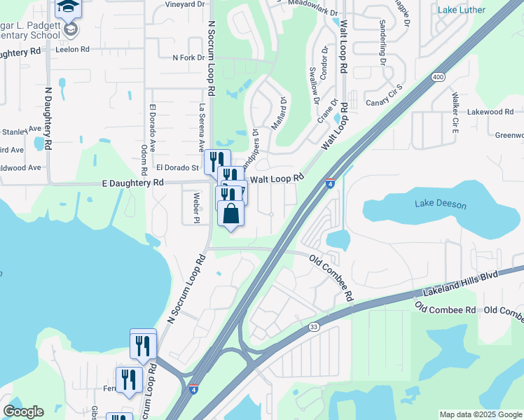 map of restaurants, bars, coffee shops, grocery stores, and more near 5405 Limestone Lane in Lakeland
