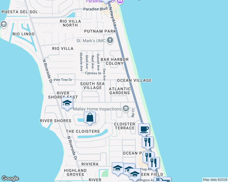 map of restaurants, bars, coffee shops, grocery stores, and more near 271 Brian Drive in Indialantic